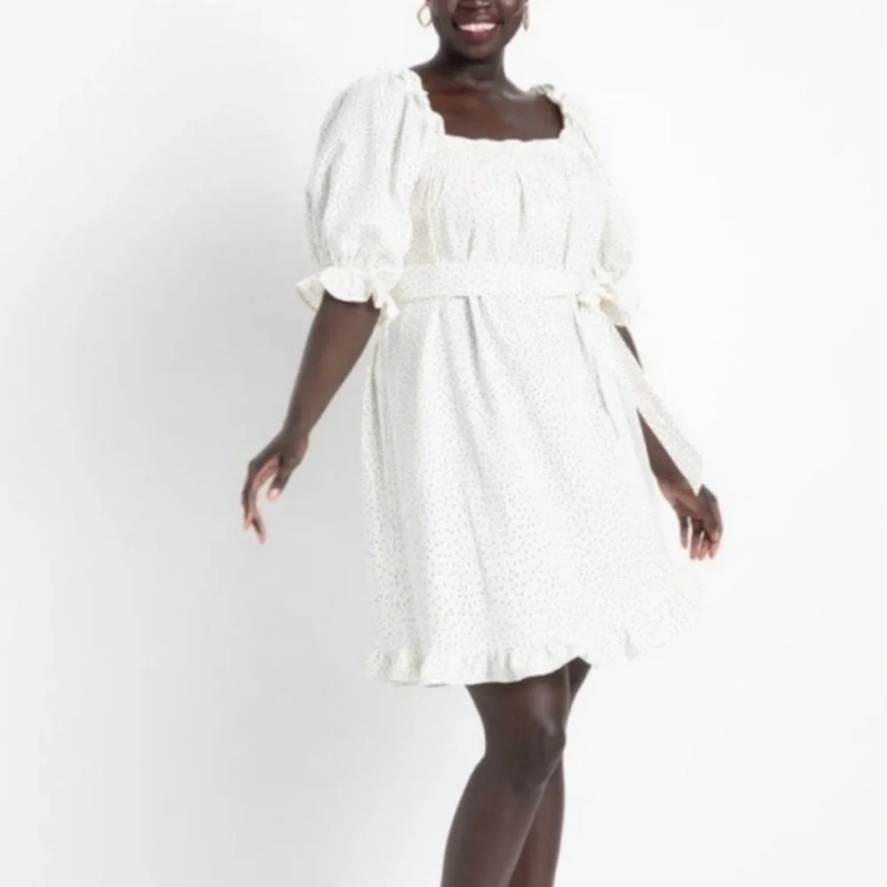 Eloquii white tie waist dress w/ Black polka dots. - Picture 2 of 2